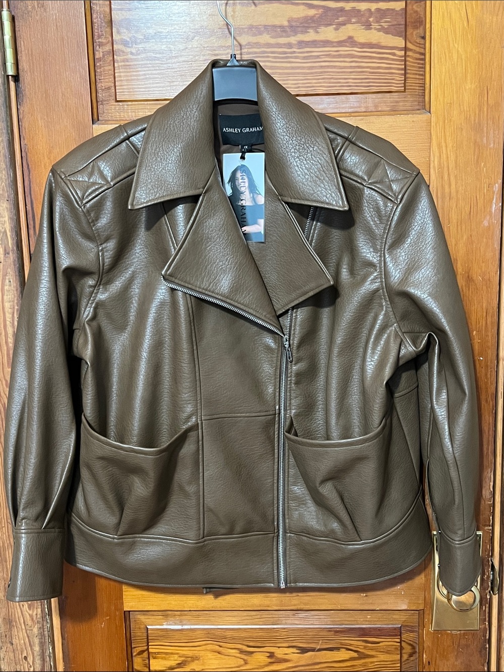 NWT Ashley Graham Faux Leather Moto Jacket Brown Size 2x